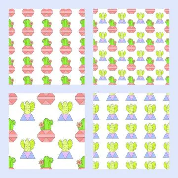 Vector set of four seamless patterns with cacti. Stock Illustration
