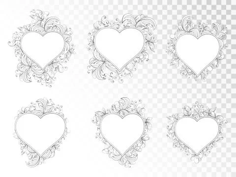 Vector set of frames in heart shape with floral elements. 스톡 일러스트