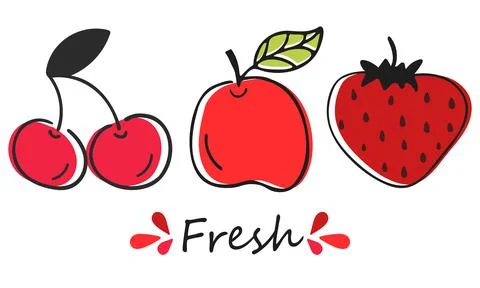 Vector set of fresh apple, cherry and strawberry. Hand-drawn set of fruit and Stock Illustration