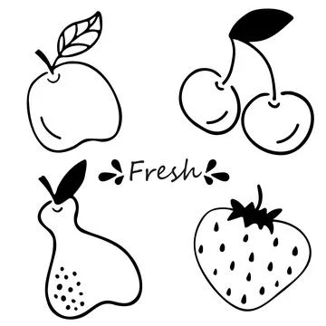 Vector set of fresh apple, pear, cherry and strawberry. Hand-drawn doodle set Stock Illustration