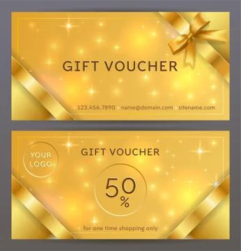 Vector set of front and back sides of luxury gift voucher with golden ribbons Stock Illustration
