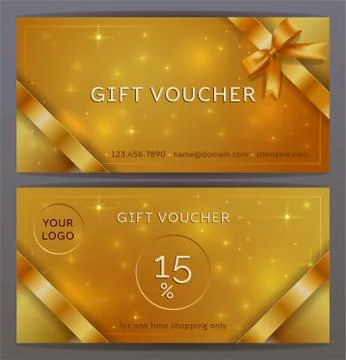 Vector set of front and back sides of luxury gift voucher with copper ribbons Illustrazione stock
