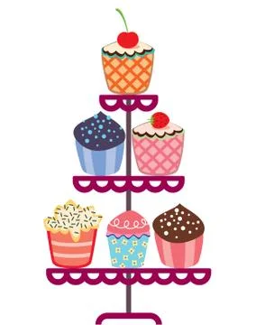 Vector set of fruit and chocolate cupcakes on a stand Stock Illustration