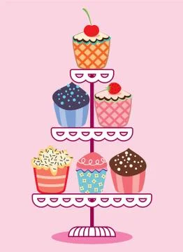 Vector set of fruit and chocolate cupcakes on a stand Stock Illustration