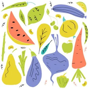 Vector set of fruit and vegetables in hand drawn cartoon style. Stock Illustration
