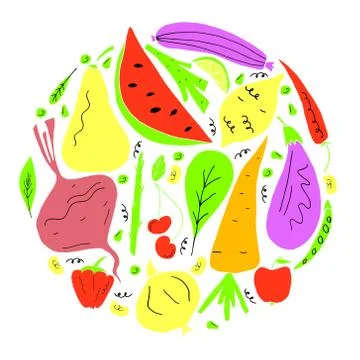 Vector set of fruit and vegetables in hand drawn cartoon style. Stock Illustration