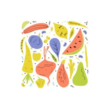 Vector set of fruit and vegetables in hand drawn cartoon style. Illustrazione stock