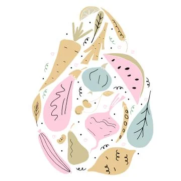 Vector set of fruit and vegetables in hand drawn cartoon style. Stock Illustration