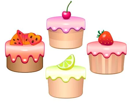 Vector Set of fruit muffins with multicolored icing. Vegan sweets - cakes Stock Illustration