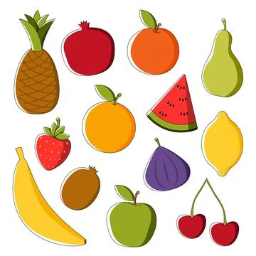 Vector set of fruits are pineapple, pomegranate, peach, apple, pear, lemon. Stock Illustration