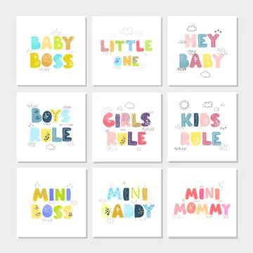Vector set with fun hand drawn nursery posters with lettering Stock Illustration