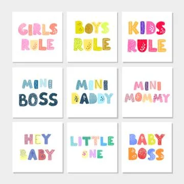 Vector set with fun hand drawn nursery posters with lettering Illustrazione stock