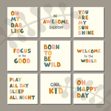 Vector set with fun hand drawn nursery posters with lettering Illustrazione stock