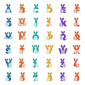 Vector set of funny character letters and numbers with bunny ears and egg iso Stock Illustration