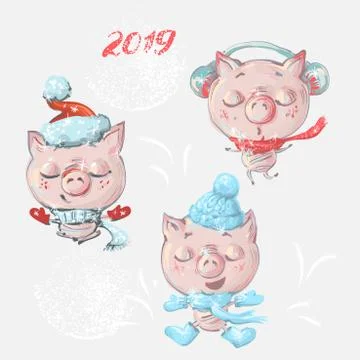 Vector set with funny cute cartoon pigs for New year and Christmas Illustrazione stock