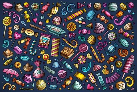 Vector set of funny doodle cartoon candies Stockillustratie