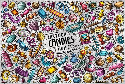 Vector set of funny doodle cartoon candies Stockillustratie