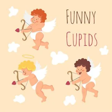 Vector Set of Funny little Valentine Day cupid angel aiming at someone Stock Illustration