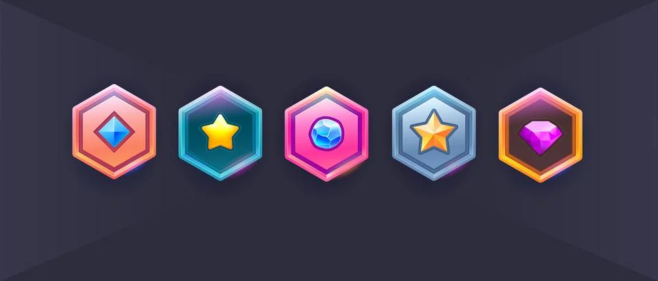 Vector set of games star icon. Military shield badges, game rank insignia Stock Illustration