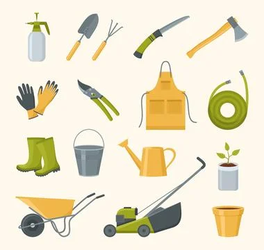 Vector set of garden tools. Gardening equipment and clothing Stock Illustration