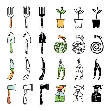 The vector set with garden tools. Line art and simple style. Stock Illustration