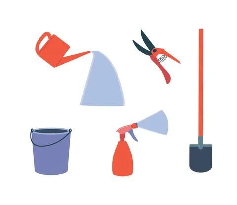 Vector set of garden tools. Shovel, bucket, watering can, sprayer, water Stock Illustration