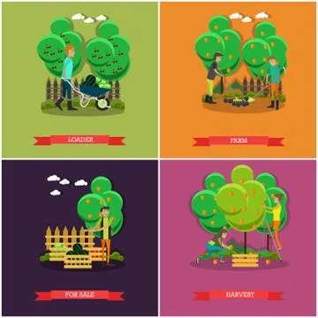 Vector set of gardening, farming concept posters, banners, flat design Stock Illustration