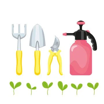Vector set of gardening tool images. Care instruction symbols. Flat style. Stock Illustration