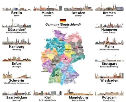 Vector set of Germany map with state capitals cities skylines Stock Illustration