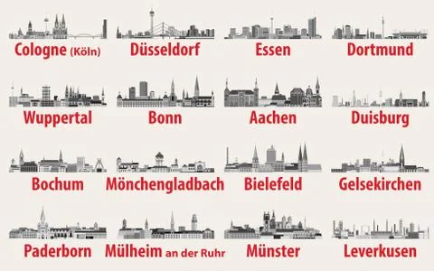 Vector set of Germany state North Rhine- Westphalia largest cities skylines Stock Illustration