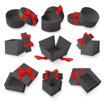 Vector set of gift black boxes with red bow and ribbon. 3D realistic objects Stock Illustration