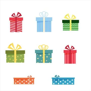 Vector set of gift box with ribbon in flat cartoon style. Colorful present box 스톡 일러스트