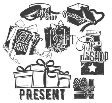 Vector set of gift boxes with bows and ribbons in vintage style. Design elements Stock Illustration