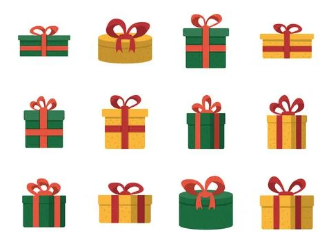 Vector set of gift boxes in cartoon style on white background. Presents clip  Stock Illustration