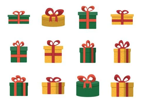  Vector set of gift boxes in cartoon style on white background. Presents c... Stock Photos