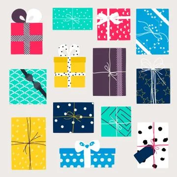 Vector set with gift boxes in crafting paper. Stock Illustration