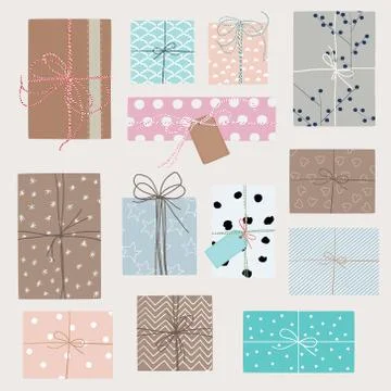 Vector set with gift boxes in crafting paper. Stock Illustration
