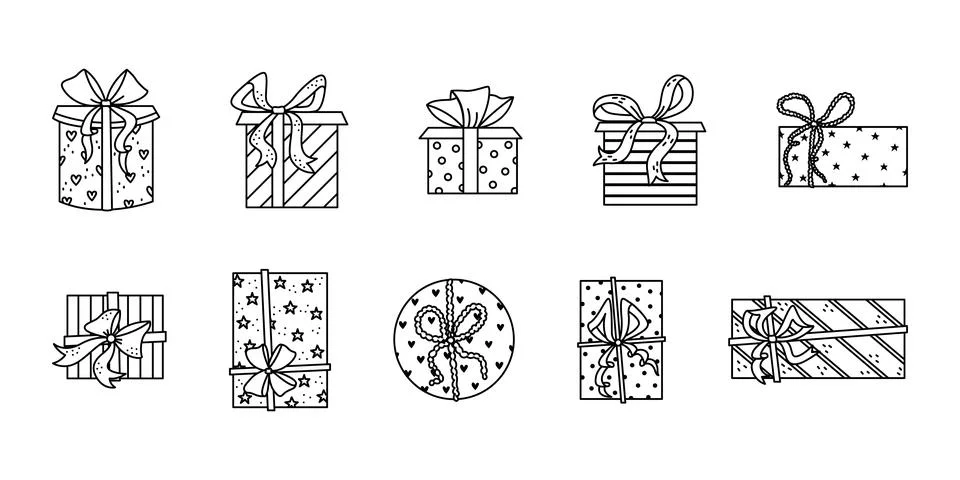 Vector set of gift boxes in outline style. Celebration Stock Illustration