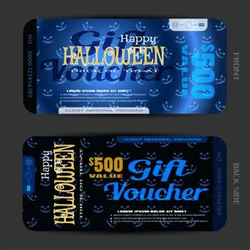 Vector set of gift voucher to Halloween with text on the gradient dark blue b Stock Illustration
