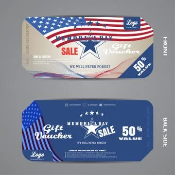 Vector set of gift voucher of Memorial Day Sale on gradient brown and blue .. Stock Illustration