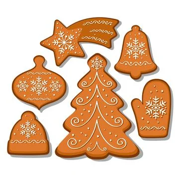 Vector set of gingerbread cookies. Christmas tree, mitten, bell, cap, star. C Stock Illustration
