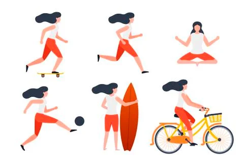 Vector set of girls in different summer activities - skate, running, yoga Stock Illustration