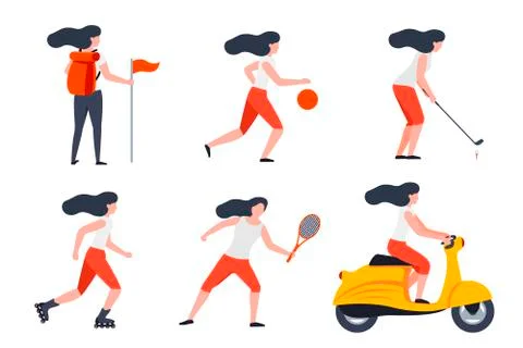 Vector set of girls in different summer activities - hike, tennis, basketball Stock Illustration