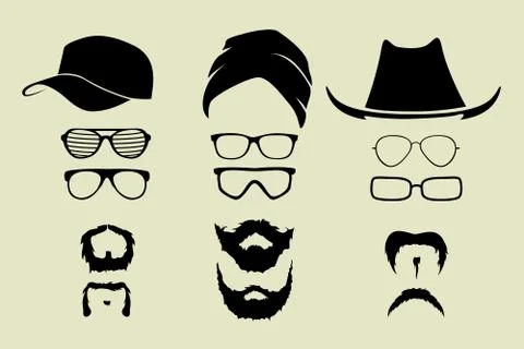 Vector set of glasses, mustache and hats Stock Illustration