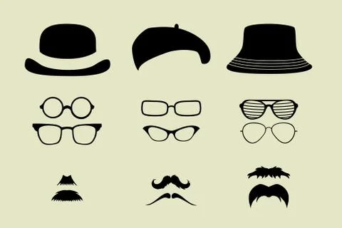Vector set of glasses, mustache and hats Stock Illustration