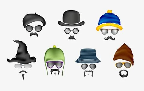 Vector set of glasses, mustache and hats Stock Illustration