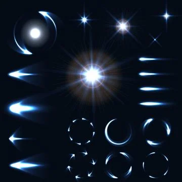 Vector set of glow light effect stars bursts with sparkles isolated on black Illustrazione stock