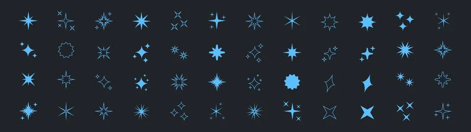 Vector set of glowing star and sparkle icons in a minimalistic style. Ideal f Ilustración de archivo