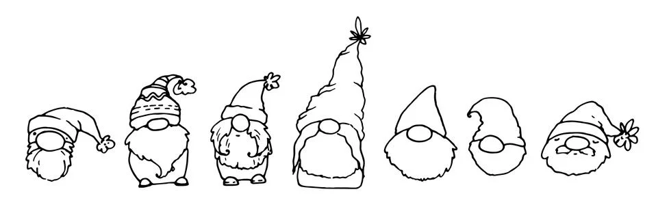 Vector set of gnomes. hand-drawn doodle-style fairy creatures with a black line Stock Illustration