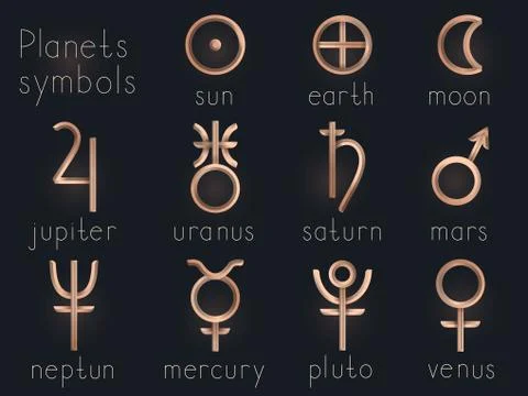 Vector set of Gold astrological planets symbols. Stock Illustration
